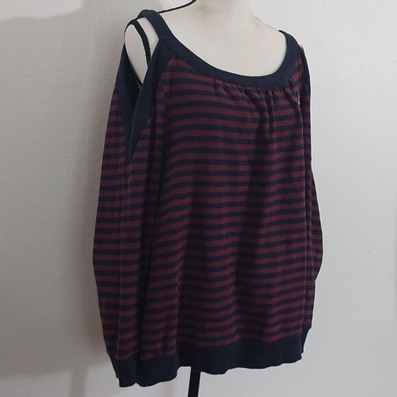 Lane Bryant Navy Burgundy Striped Cold Shoulder Long Sleeve Sweater Size 18 /20 - Picture 3 of 10
